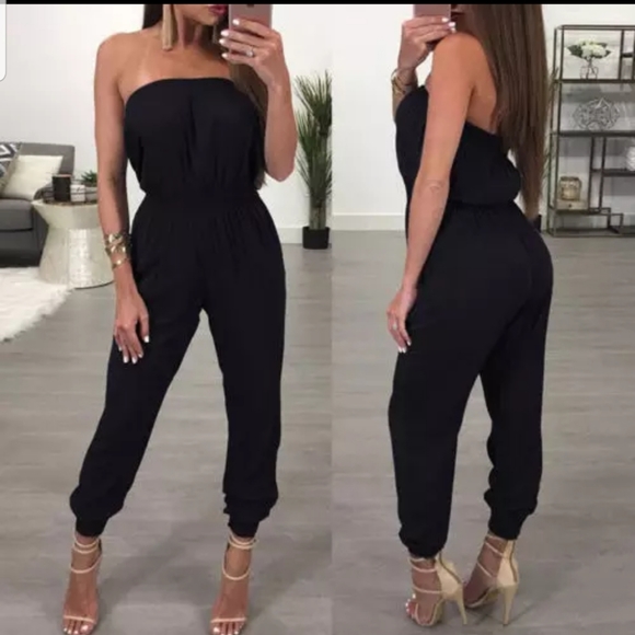 Pants - NEW STRAPLESS BLACK JUMPSUIT SMOCKED TOP